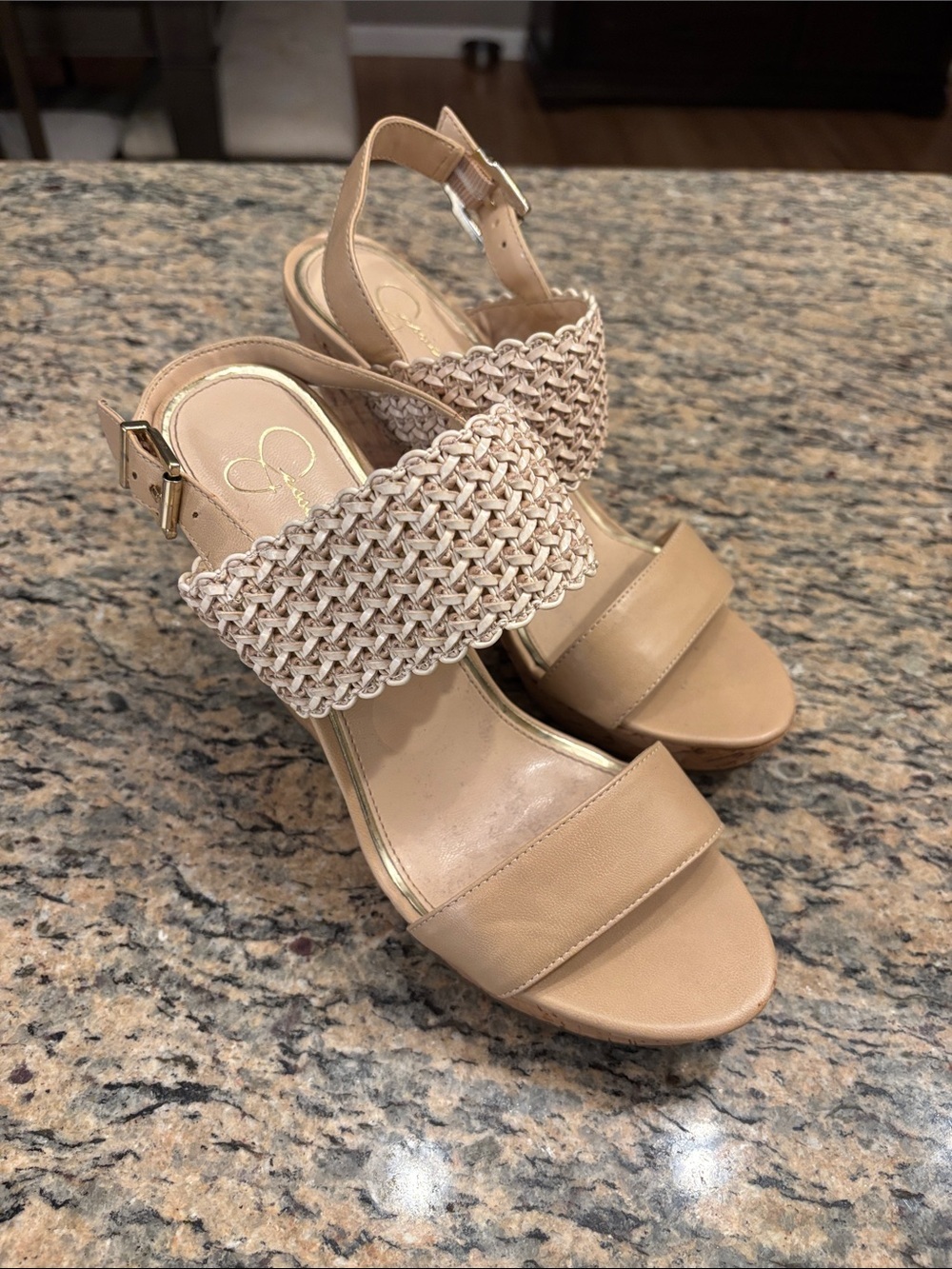 Jessica Simpson Nude Cork Wedge Sandals Woven Slingback Platform Heels Size 8B